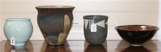 Andrew Walford (South African b. 1942), a brown and black-glazed bowl and three other studio pottery items, tallest 25.5cm